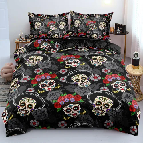 Miniatura 32 de Juego de funda de edredón con diseño de calavera de la muerte de Holiyjog, tamaño queen, juego de ropa de cama gótica, funda de edredón con diseño