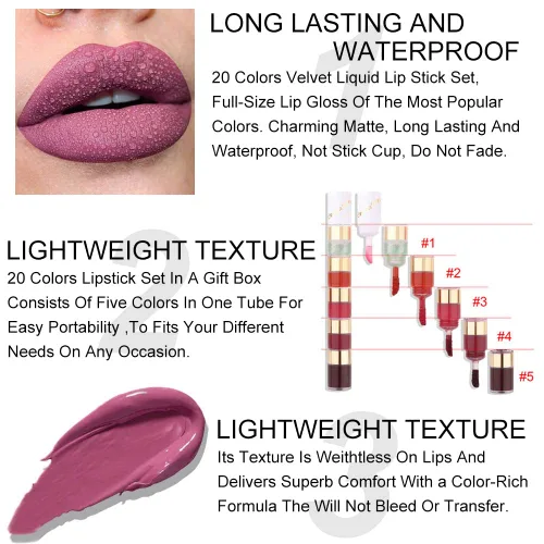 Miniatura 5 de evpct - Juego de 20 labiales líquidos mate para mujeres de piel oscura; paquetes de brillos labiales líquidos mate de larga duración, color rojo