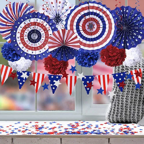 Miniatura 2 de Juego de decoraciones patrióticas del 4 de julio: suministros de fiesta con la bandera estadounidense del 4 de julio, abanicos de papel rojo, blanco