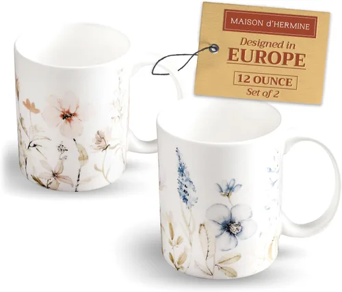 Miniatura 145 de Maison d' Hermine Taza de café con asas, tazas de porcelana fina de hueso, paquete de dos tazas de té para bebidas calientes, capuchino, latte, 015