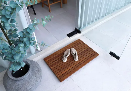 Miniatura 2 de Alfombra de ducha y baño de teca aceitada oscura de estilo nórdico con listón de extremo ancho - Para uso en interiores y exteriores - Plataforma