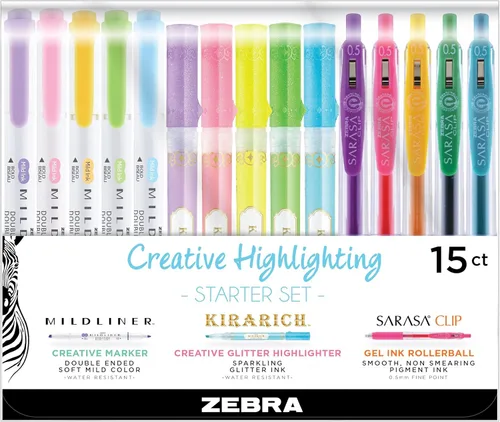 Zebra Pen Creative Highlighting Starter Set, incluye 10 resaltadores y 5 bolígrafos de gel retráctiles Sarasa Clip, colores de tinta surtidos,