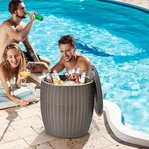 Miniatura 9 de Giantex Enfriador de hielo de 9.5 galones, baúl redondo de mimbre, cubo de hielo para vino de cerveza al aire libre, tapa superior, asas laterales