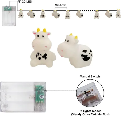 Miniatura 6 de Linda luz nocturna de vaca, de granja, con leche, vaca, funciona con pilas, 3M, 20 LED, decoración de hadas para niños, niñas, dormitorio