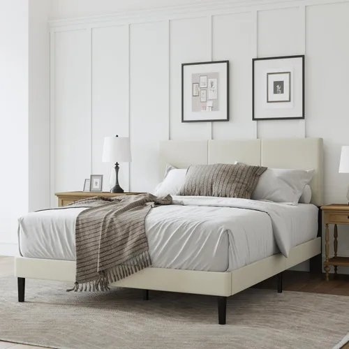 Miniatura 8 de Marco de cama tamaño completo con cabecero – Elegante marco de cama plataforma tapizado con canales verticales acolchados de servicio pesado