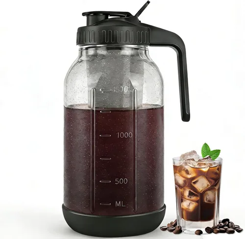 Miniatura 15 de Máquina de café de infusión fría, jarra de albañil de 64 onzas con filtro de acero inoxidable, tapa con pico para servir, de vidrio resistente