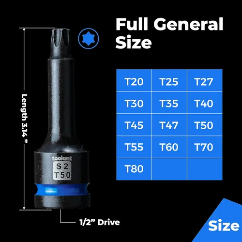 Miniatura 5 de Toolant Juego de enchufes de brocas de impacto Torx T27 2 piezas, 1/2" de acero S2, enchufes de estrella de aire, brocas de alto impacto largas