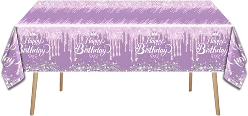 Miniatura 4 de Juego de vajilla para fiesta color morado, tema de Feliz Cumpleaños morado, 20 platos y 20 servilletas y manteles de 71'' x 42'' para niñas