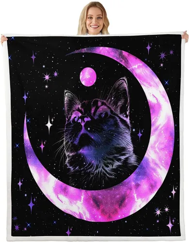 Miniatura 18 de Manfei Manta Kawaii con estampado de gato estrellado para niños y niñas, decoración de habitación de niños y niñas, manta negra Kawaii animal