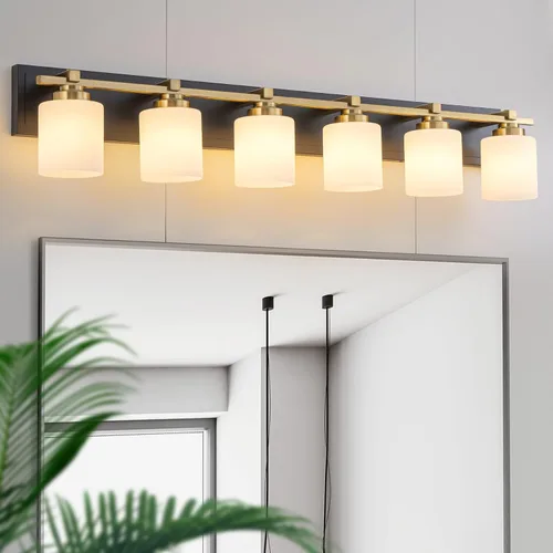 Miniatura 33 de 1 Luminaria Moderna de Baño sobre Espejo, Luces de Tocador Negro Dorado para Apliques de Pared de Baño con Pantallas de Vidrio Blanco Lechoso