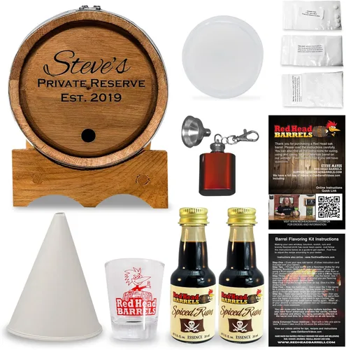 Miniatura 12 de Red Head Barrels - Barril de envejecimiento de roble blanco americano grabado personalizado de 2 litros con juego de regalo saborizante, vaso de Ron