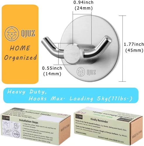 Miniatura 6 de QJUZ Gancho para bata de doble punta, ganchos adhesivos, ganchos de pared resistentes, ganchos para toallas de acero inoxidable, gancho de ducha