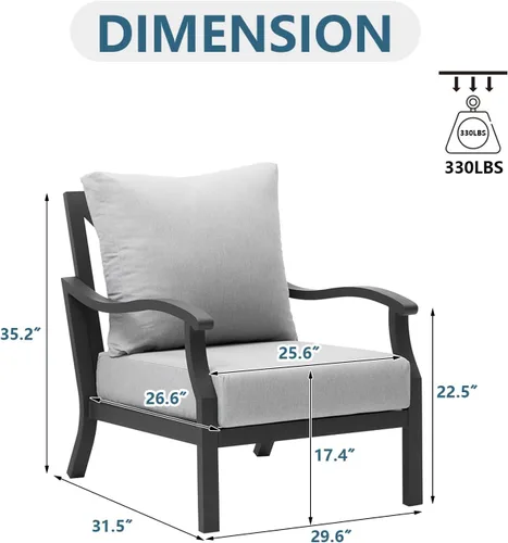 Miniatura 3 de Juego de muebles de patio al aire libre, juego de sofá para todo tipo de clima, 2 piezas, sofá individual con cojines gruesos, sillones de aluminio