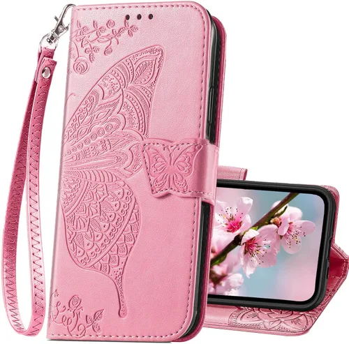 Miniatura 13 de Funda tipo cartera para iPhone 13 para mujeres, diseño plegable tipo folio con mariposa en relieve, cuero PU con soporte, ranuras para tarjetas