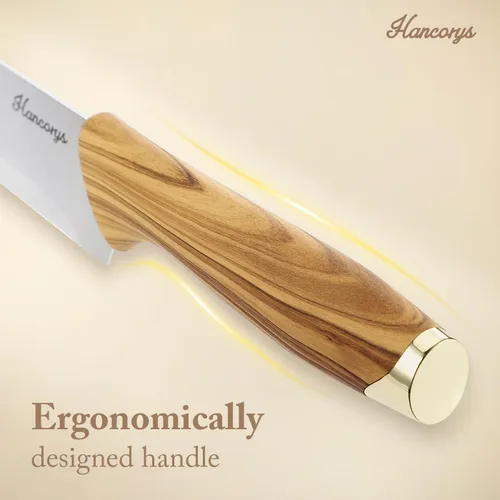 Miniatura 6 de Juego de cuchillos de cocina con afilador, juego de cuchillos de acero inoxidable alemán dorado con bloque y mango ergonómico de grano de madera