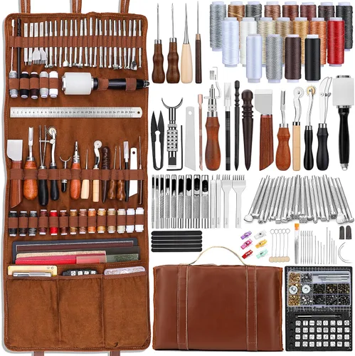 TLKKUE Kit de Herramientas para Cuero Herramientas de Artesanía en Cuero Kit de Trabajo en Cuero con Alfombrillas de Corte de Bolso Personalizado