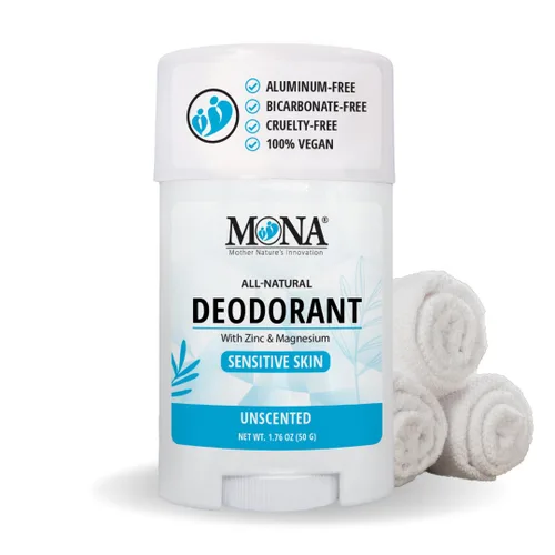MONA BRANDS - Desodorante natural para mujeres y hombres, para pieles sensibles, sin aluminio ni bicarbonato de sodio, (sin aroma, 1.76 onzas)