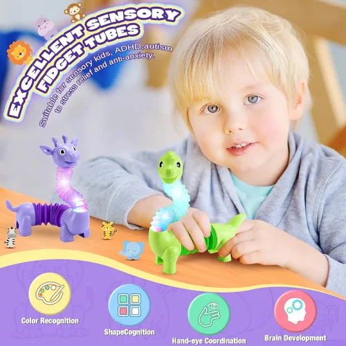 Miniatura 5 de Delighkidz Juguetes antiestrés de animales para niños pequeños: 6 tubos LED de animales para niños de 3, 4, 5, 6, 7, 8 años, regalos de cumpleaños