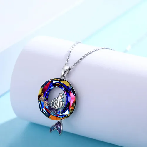 Miniatura 4 de Collares de sirena de forma redonda con dije de océano de cristal, delicado collar de plata de ley con estrellas de mar y playa, lindos regalos