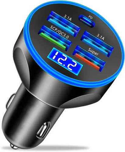 Cargador de coche USB de 5 puertos, adaptador de encendedor de cigarrillos de carga súper rápida de 250 W con monitor de voltaje LED, 4 USB + tipo C