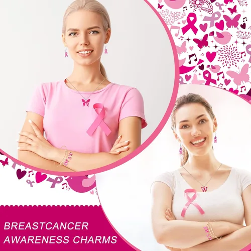 Miniatura 4 de Tudomro 200 dijes de concientización sobre el cáncer de mama a granel para hacer joyas, dijes de cáncer de mama rosa, cintas para calcetines
