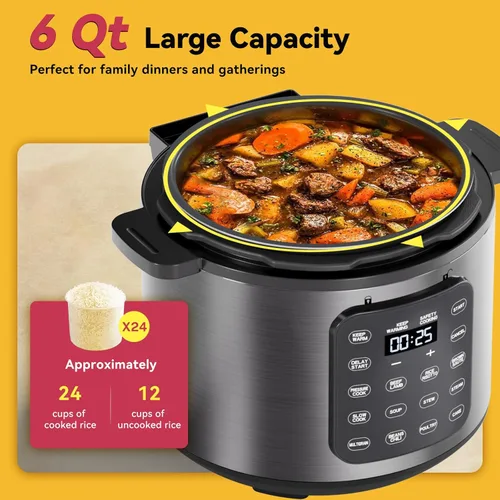 Miniatura 2 de CARORI Olla a presión eléctrica de 6 cuartos de galón color plateado, olla antiadherente, Instant Pot 9 en 1, 12 funciones preestablecidas