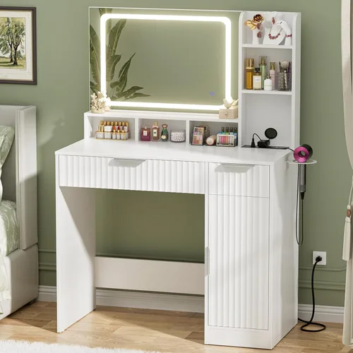 Miniatura 12 de Escritorio de tocador pequeño, escritorio de tocador con espejo y luces, escritorios de maquillaje con regleta eléctrica, mesa de tocador