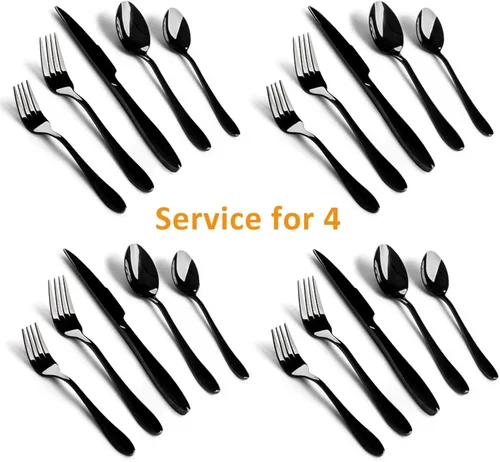 Miniatura 2 de E-far Juego de cubiertos de acero inoxidable negro de 20 piezas, incluye cuchillo, cuchara, tenedor, pulido espejo, apto para lavavajillas, servicio