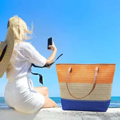 Miniatura 114 de Bolso grande de paja para mujer, tejido de ratán, bolso de playa de verano, a rayas