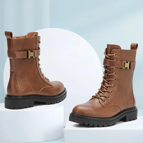 Miniatura 7 de CentroPoint Botas de combate con cordones para mujer, tacón bajo, media pantorrilla, botas militares, punta redonda, cremallera lateral, hebilla al