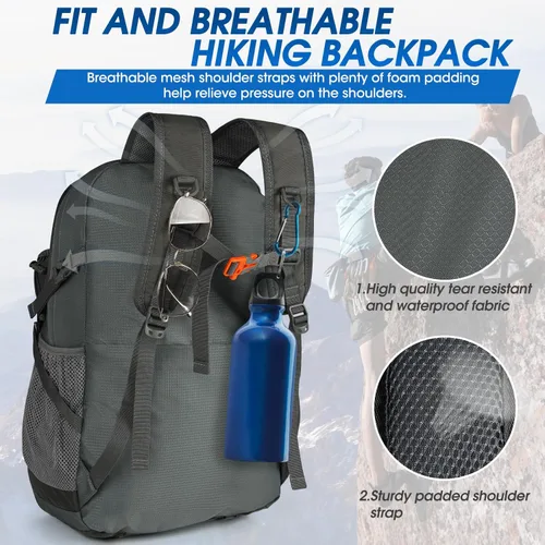 Miniatura 4 de IGOLUMON Mochila de senderismo de 40 L, plegable, ligera, mochila de camping para hombres y mujeres, impermeable, mochila de senderismo al aire Gris