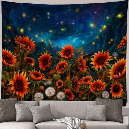 Miniatura 4 de FENDROM Tapiz de paisaje de girasoles, galaxia, luna, estrellas, paisaje, arte de pared, decoración de pared natural para dormitorio, sala de estar