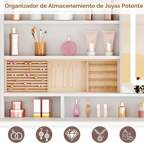 Miniatura 4 de ANWBROAD Escritorio de tocador con espejo deslizante y luces, juego de tocador grande de maquillaje con almacenamiento de joyas, 11 cajones, 6