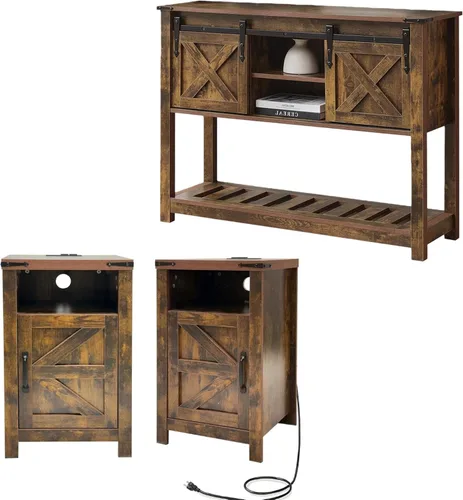 Miniatura 12 de Mesa de entrada de estilo granja con puertas corredizas de granero, mesa consola de madera con estante de almacenamiento, mesa de sofá rústica