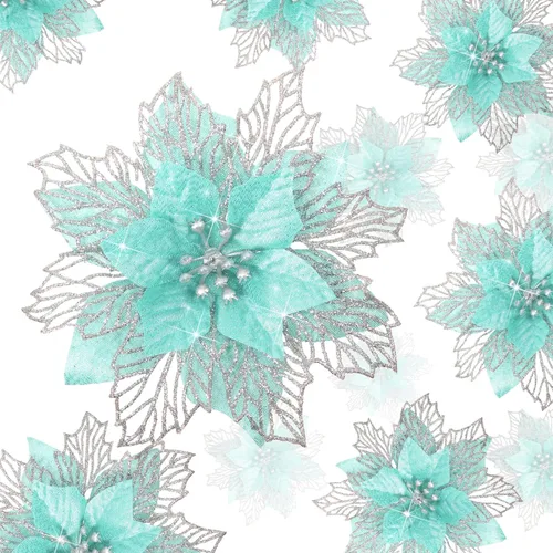 Miniatura 10 de Geosar 24 piezas de flores de Pascua con purpurina para Año Nuevo, flores artificiales en capas, adornos para árbol de boda y Año Nuevo, 3/4/6 Azul