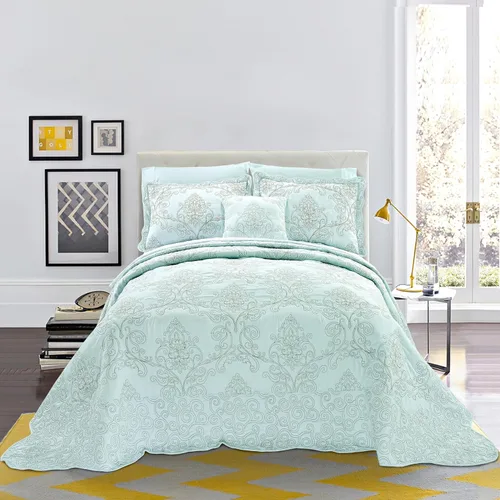 Miniatura 2 de Home Soft Things Juego de colcha de damasco de 4 piezas, edredón reversible con borde festoneado, juego de ropa de cama prelavado, patrón floral