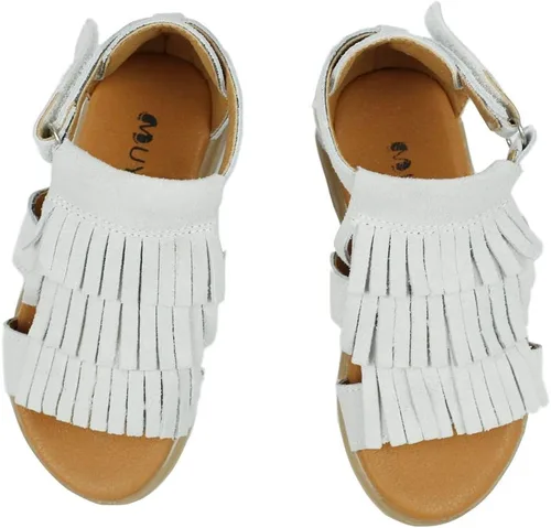 Miniatura 6 de Muy Guay Sandalias de cuero genuino para niñas pequeñas, sandalias de borlas blancas para verano, zapatos planos para caminar con suela de goma