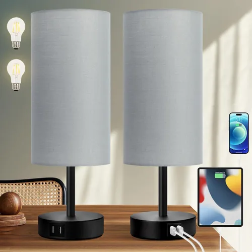 Miniatura 8 de Yarra-Decor Lámparas de noche con puerto USB, lámpara de mesa con control táctil para dormitorio, de madera, de 3 vías, regulable, juego de 2