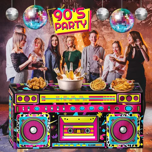Miniatura 5 de Mantel de radio de fiesta de 6 pies y 80 y 90, decoración de mesa de cumpleaños para fiesta temática de los años 90, suministros de decoración