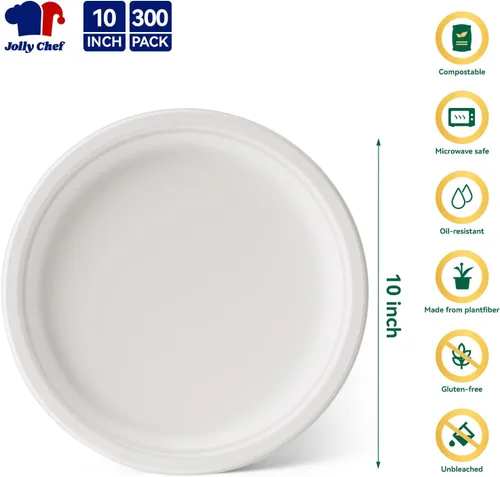 Miniatura 2 de JOLLY CHEF Platos compostables de alta resistencia y resistentes, ecológicos, desechables, de papel blanco, sin recubrimiento, bagazo, caña