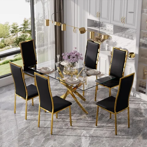 Miniatura 3 de Juego de mesa de comedor de cristal dorado moderno de 63 pulgadas para 6, juego de mesa de cocina rectangular de 7 piezas con patas de acero Negro