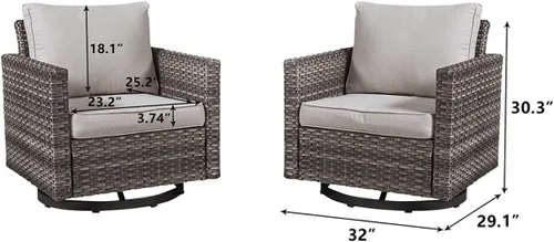 Miniatura 6 de HUMMUH Juego de 2 sillas giratorias para patio, mimbre de polietileno, para exteriores, bistró, porche, balcón, muebles con cojines Gris/gris