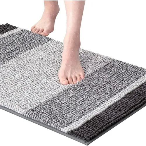 Miniatura 2 de 1 alfombra de baño de felpilla extra suave de 20 pulgadas de ancho x 32 pulgadas de largo, diseño de rayas atrevidas color plateado grisáceo, tacto