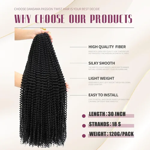 Miniatura 3 de Dansama - 7 paquetes de extensiones de cabello trenzado ondulado Passion Twist, extensiones de cabello de trenzas con ganchillo estilo mariposa, #1B