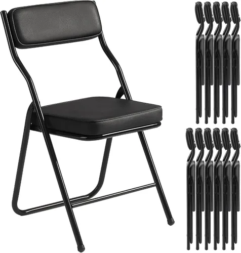 Miniatura 12 de Paquete de 2 sillas plegables acolchadas negras con cojín y respaldo de piel sintética, silla de comedor plegable tapizada con marco de metal