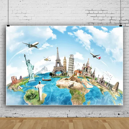 Miniatura 3 de Telón de fondo de viaje de globo de 5 x 3 pies, mapa de la tierra, continente, famoso, paisaje, decoración del hogar, fotografía, fondo, pirámide