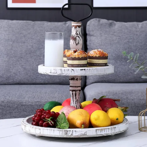 Miniatura 7 de Bandeja escalonada Bandejas de dos niveles Soporte redondo rústico para magdalenas, soporte para servir pasteles con asa para sala de estar, fiesta