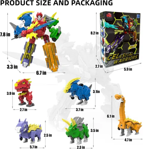 Miniatura 6 de Wenbeier - Juguetes de robot dinosaurio 5-en-1 transformables que incluyen 5 figuras de acción de dinosaurio - Construye y combina en un guerrero