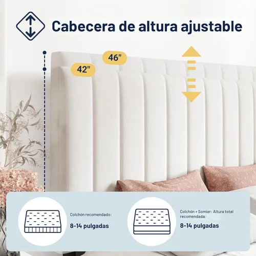 Miniatura 4 de Allewie Base de cama de almacenamiento tamaño completo, cabecera ajustable con canal vertical acolchado, plataforma tapizada de terciopelo con 4