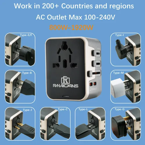 Miniatura 5 de Adaptador de viaje mundial de 35 W, adaptador de corriente internacional 4 en 1 con 2 puertos USB-C y 2 puertos USB-A, salida de CA todo en uno